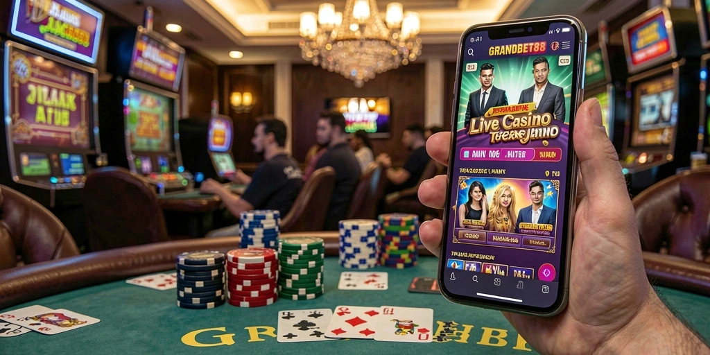 Screenshot utama GRANDBET88 menampilkan dealer langsung dan permainan yang seru.