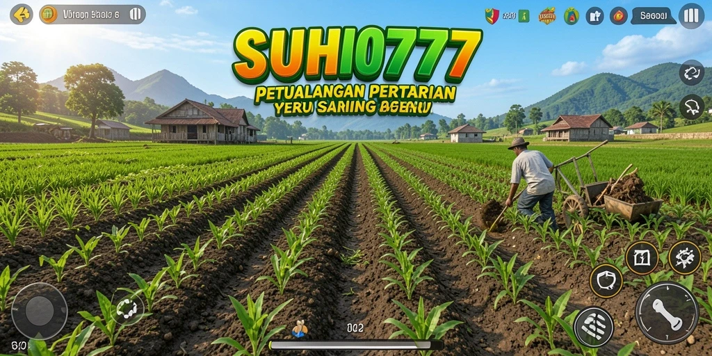 Screenshot gameplay <strong>SUHU777</strong> menampilkan ladang yang subur dan aktivitas berkebun.