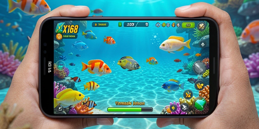 Tangkapan layar utama X168 menunjukkan aksi menembak ikan yang seru.